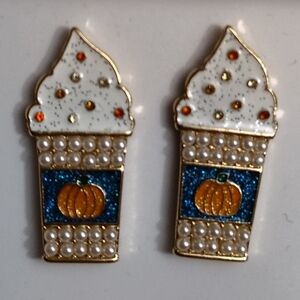 Pumpkin Spice Latte Gold Enamel Pearl Stud Large Charm Earrings